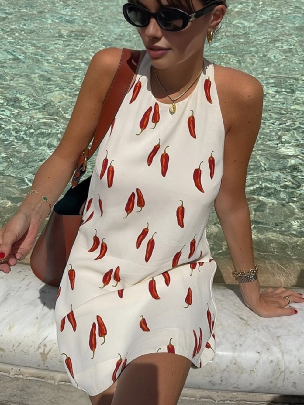 Commsense Chili Pepper Mini Dress 🍒 Off White Halter Open Back Size M NWT